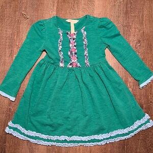Matilda Jane Girls 2 Ruffle A-line Dress Green Long Sleeve